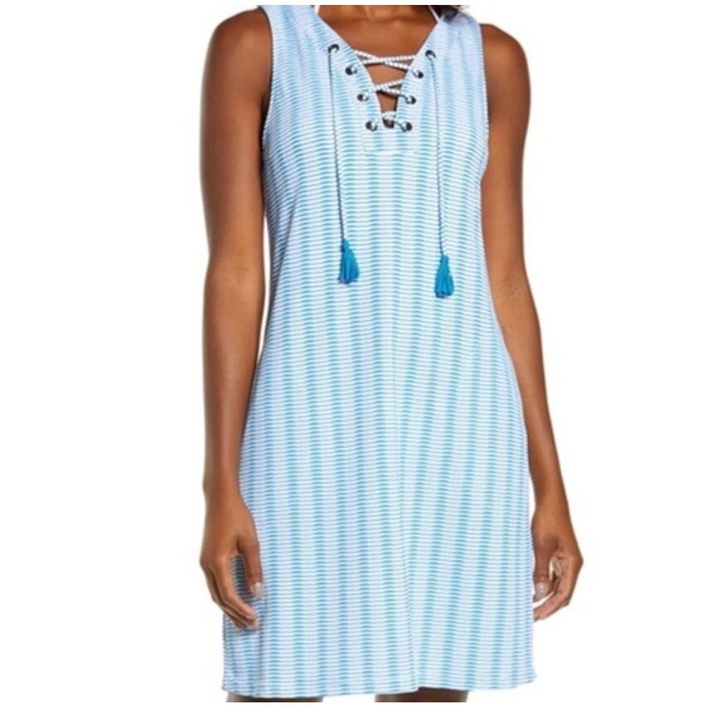 Tommy Bahama Blue White Striped Lace Up island Dress XS Pockets Coastal Packable - Picture 9 of 9